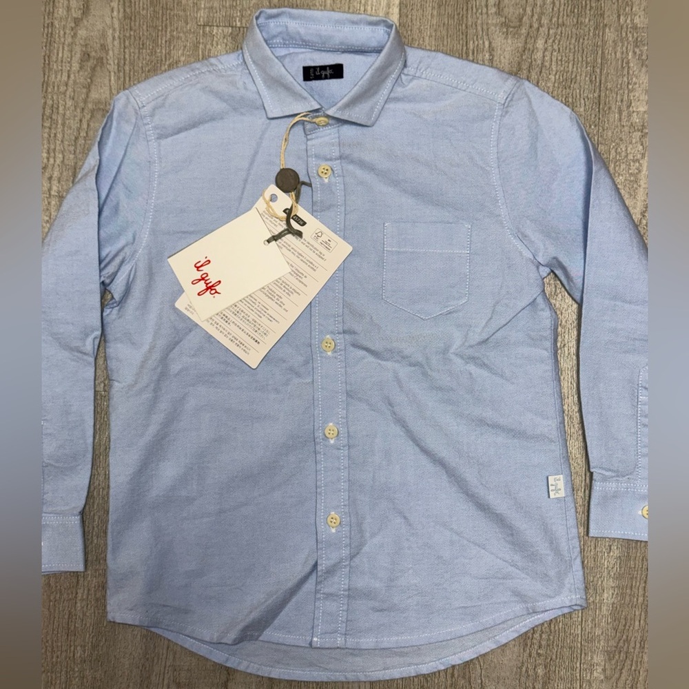 Il Gufo Boys Button Down Shirt Light Blue Cotton Stretch Size 5 NWT Italy